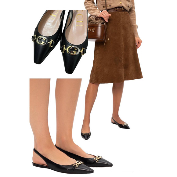 Gucci Shoes - Gucci Zumi GG Logo Black Leather Pointed Toe Slingback Ballet Flats Size 37